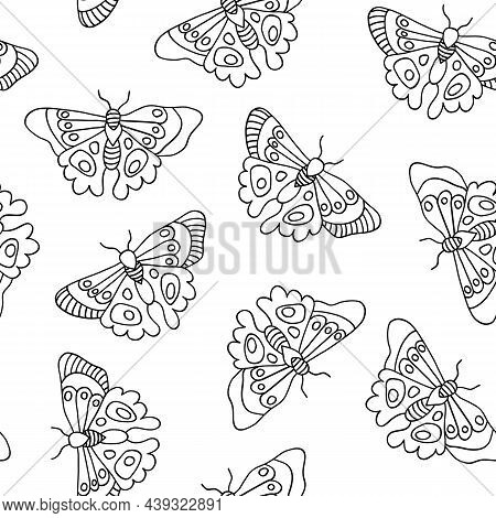 Butterflies Seamless Vector Pattern. Butterfly Coloring Background Black Line Art Butterflies On Whi