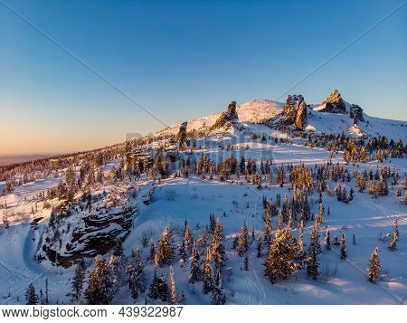 Colorful Winter Sunset In Sheregesh Ski Resort Mountains Covered Trees. Aerial Top View Beautiful Fo