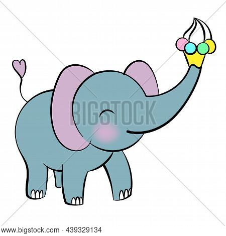 Emotional Sticker With Cute Elefant. Kawaii Style. Cartoon Emoji Sticker With Happy Elefant And Ice-