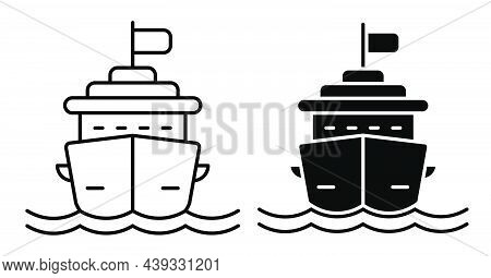 Linear Icon. Cruise Ship For Ocean Voyages Around. Multi Deck Liner For Sea Recreation. Simple Black