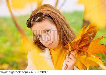 Cute Girl With Autumn Leaves In The Beauty Park. 8 Yearold Girl In An Autumn Park Holds A Bouquet Of