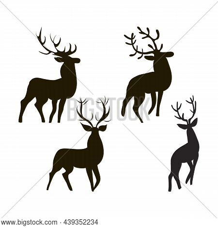 Set Of Four Cervus Deer Silhouettes In Different Poses. Animals With Large Horns. Hand Drawn. Red De