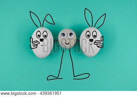 Animated Character From A Pebble With A Happy Face Holds Animated Happy Eggs On Blue Paper Backgroun
