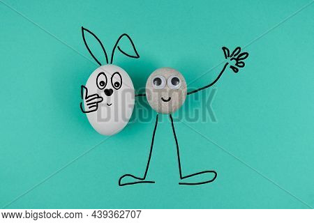 Animated Pebble With A Happy Face, Greeting And Holds Animated Happy Egg On Blue Paper Background. H