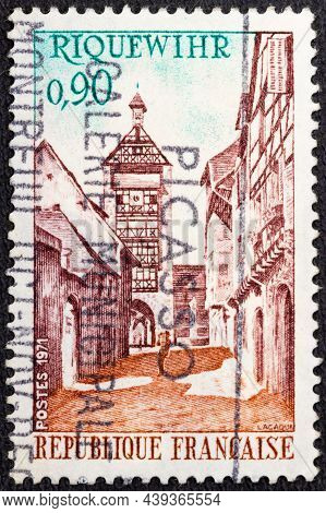 A Stamp Printed In France Shows Tower And Street, Riquewihr, Circa 1971
