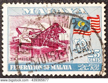 Blue Color Postage Stamp Printed In Federation Of Malaya With Illustrative Image Of A Tin Dredge Mac