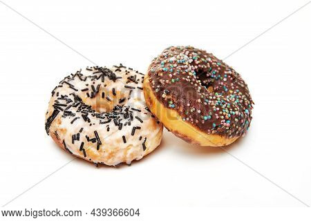 Happy Hanukkah And Hanukkah Sameach - Traditional Jewish Donuts With Chocolate On White Background