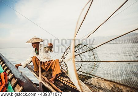Inle Lake Fishermen At Sunset In Myanmar Burma