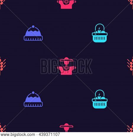 Set Basket And Food, Winter Hat, Scarecrow And Wheat On Seamless Pattern. Vector