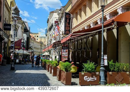 Bucharest, Romania - 6 May 2021: Old Buildings With Bars And Restaurants On Lipscani Street (strada 