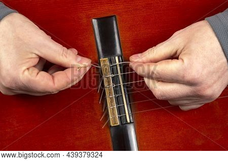 Replacement And Insertion Of Nylon Strings In A Classical Guitar. Lesson For A Musician