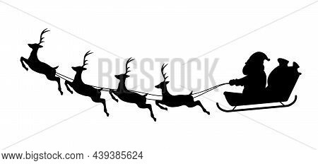 Santa Claus Flying With Deer Silhouette Isolated On White Background. Christmas Concept. Christmas R