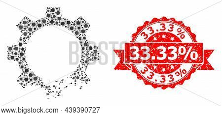 Vector Collage Damaged Gear Of Sars Virus, And 33.33 Percent Corroded Ribbon Seal Imitation. Virus E