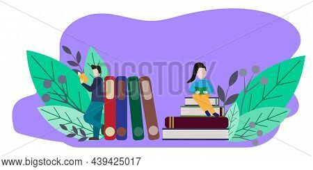 Little Men On Books In Flat Style. Cartoon People Illustration. Character Design. Happy People. Vect