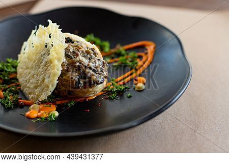 Mushrooms Baked In The Oven With Grated Cheese, Graten.traditional Cheese Casserole, French Cuisine.