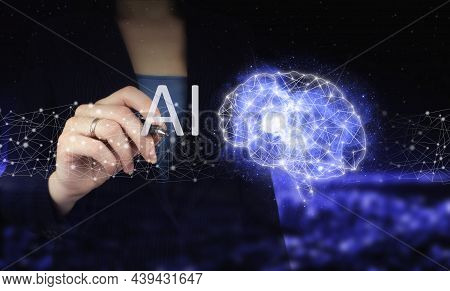 The Modern Concept Of The Cyberbrain. Hand Holding Digital Graphic Pen And Drawing Digital Hologram 