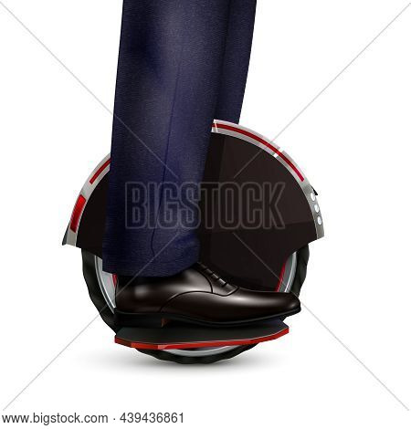 Monowheel Legs Realistic Composition With Isolated Image Of Monocycle With Human Legs In Shoes On Tr