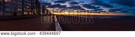 Panoramic View On An Empty Beach Of Sint-idesbald In Koksijde With A Nice Evening Sunset Light