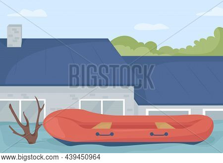 Floating Flood Rescue Boat Flat Color Vector Illustration. Heavy Rainfall Consequences. Special Resc