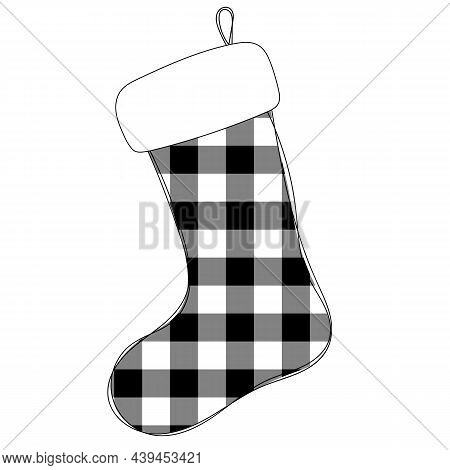 Checkered Christmas Stocking. Vector Clipart On White Background. Black White Buffalo Plaid Prit. Wi