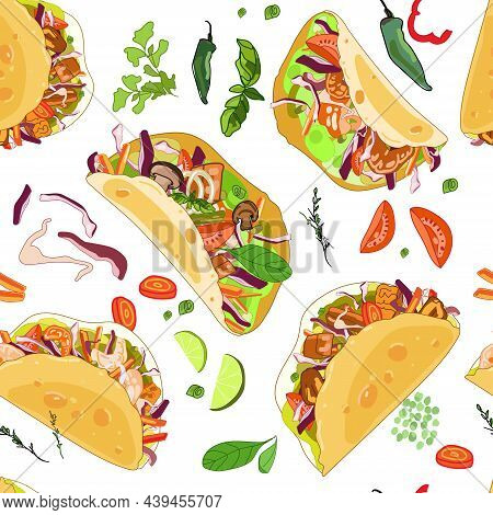 Seamless Pattern With Tacos With Different Ingredients, Meat, Shrimps, Chicken, Mushrooms And Vegeta