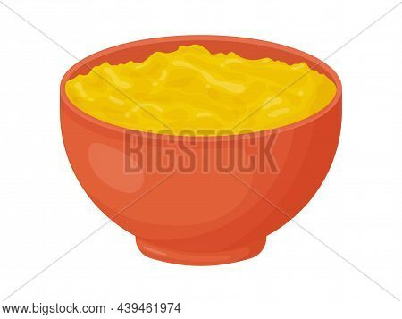 Ghee In Red Bowl. Asia Traditional Butter In Cartoon Style. Food Ingredient For Cooking.