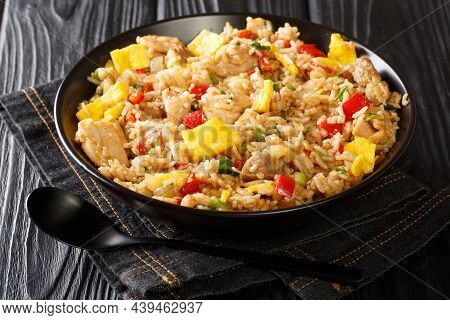 Hearty Tasty Arroz Chaufa Peruvian Style Fried Rice Close Up In The Bowl On The Table. Horizontal