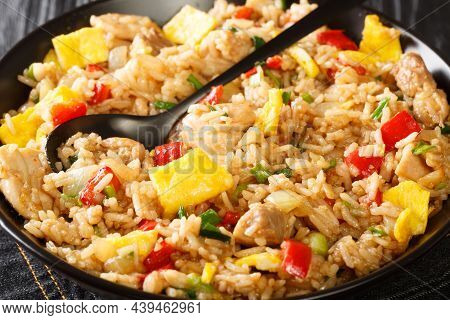 Arroz Chaufa Peruvian Fried Rice Close Up In The Bowl On The Table. Horizontal