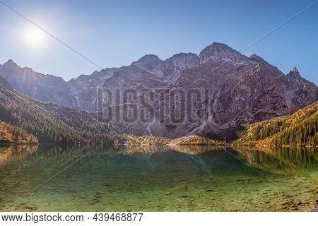 Tatra National Park, Poland. Panorama of mountains lake Morskie Oko Or Eye of the Sea In autumn. Beautiful Tatras Landscape.