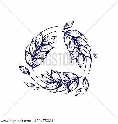 Circle Emblem Made Of Looped Wheat Ears. Hand-drawn Vector Vintage Engraved Illustration. For A Brew