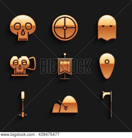 Set Medieval Flag, Bale Of Hay And Rake, Axe, Shield, Torch Flame, Cup From The Skull, Executioner M