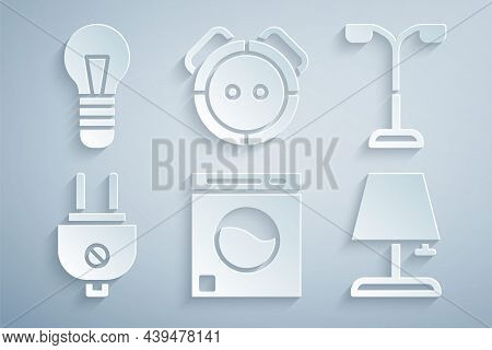 Set Washer, Street Light, Electric Plug, Table Lamp, Robot Vacuum Cleaner And Light Bulb Icon. Vecto