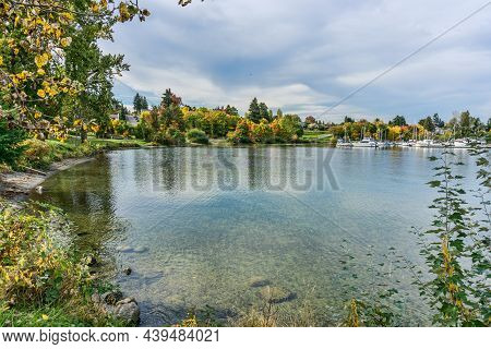 A Lake Wasington Marina And Colorful Fall Trees In Seattle, Washington.