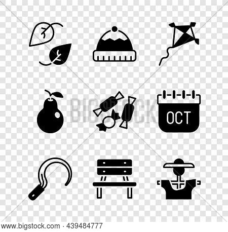 Set Leaf, Winter Hat, Kite, Sickle, Bench, Scarecrow, Pear And Candy Icon. Vector