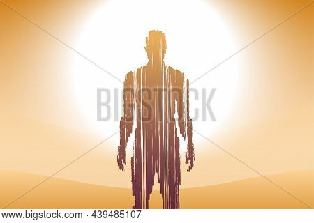 Surrealistic Concept Vector Illustration With A Man Standing In The Desert, In Front Of A Bright Sun