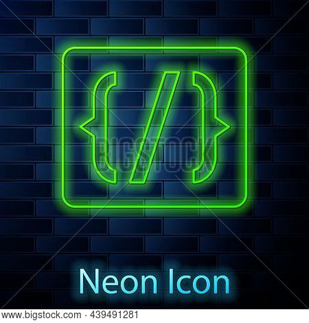 Glowing Neon Line Programming Language Syntax Icon Isolated On Brick Wall Background. Syntax Program