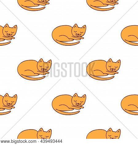 Seamless Pattern Cute Ginger Sleeping Cat. Colorful Vector Illustration On White Background. Affecti