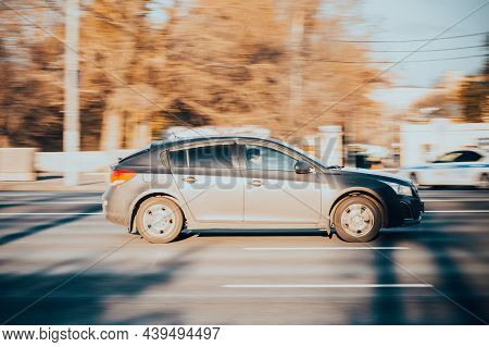 Moscow, Russia - October 2021: Chevrolet Cruze Rides On A Street. Gray Sedan Motor Car Rushes On The