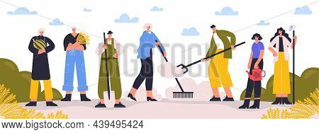 Farmer Characters Standing With Harvest And Farm Tools. Agricultural Farm Workers Planting Crops And