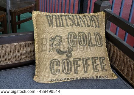 Proserpine, Queensland, Australia - November 2021: A Cushion Made Of Hessian And Branded With Restau