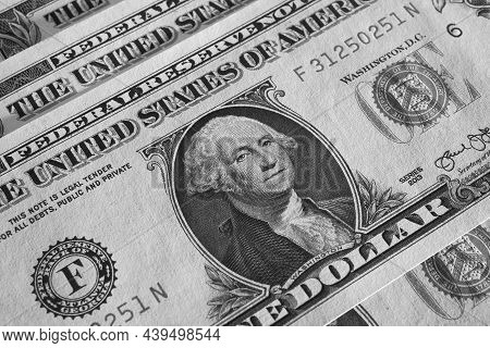 American Money Close-up. 1 Us Dollar Bills With Textured Paper Surface. Economy And Business Of The 