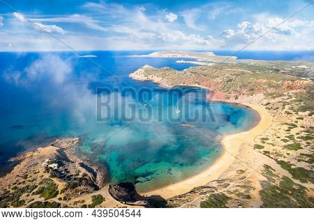 Landscape With Aerial View At Platja Cavalleria, Ferragut And Cala Rotja, Menorca Island, Spain