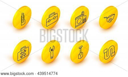 Set Line Industry Pipe, Shovel, Adjustable Wrench, Toolbox, Wheelbarrow, Paint Bucket And Brush, And