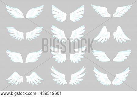 Angel Wing White Bird Emblem Flight Sticker Flat Set. Vintage Badge Freedom Decoration. Heraldic Tat