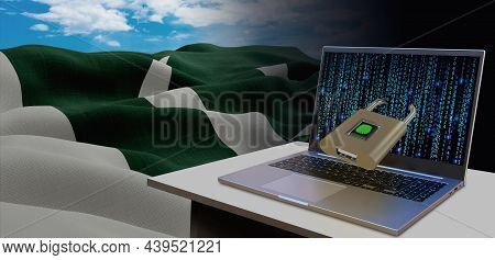 Waving National Flag Of The Pakistan. Concept For Information Technology And Data Security Safety To