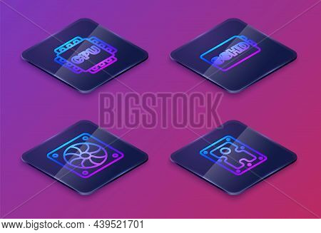 Set Isometric Line Processor With Cpu, Computer Cooler, Sshd Card And Hard Disk Drive Hdd. Blue Squa