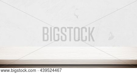 White Wood Table And White Wall Background In Kitchen, Wooden Shelf, Counter For Food And Product Di