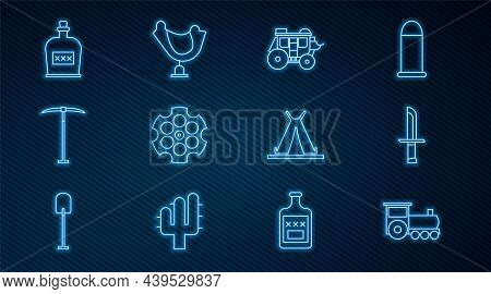 Set Line Retro Train, Military Knife, Western Stagecoach, Revolver Cylinder, Pickaxe, Alcohol Drink 