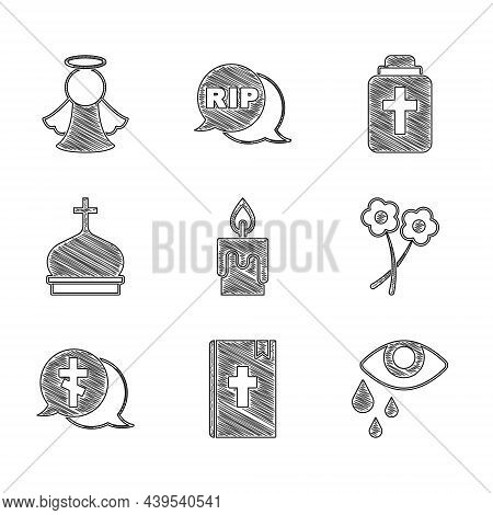 Set Burning Candle, Holy Bible Book, Tear Cry Eye, Flower, Grave With Cross, Church Tower, Funeral A