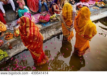 Delhi, India: 13 November 2021 - Indian Women Celebrating Chhath Pooja After Diwali. Indian Women Dr